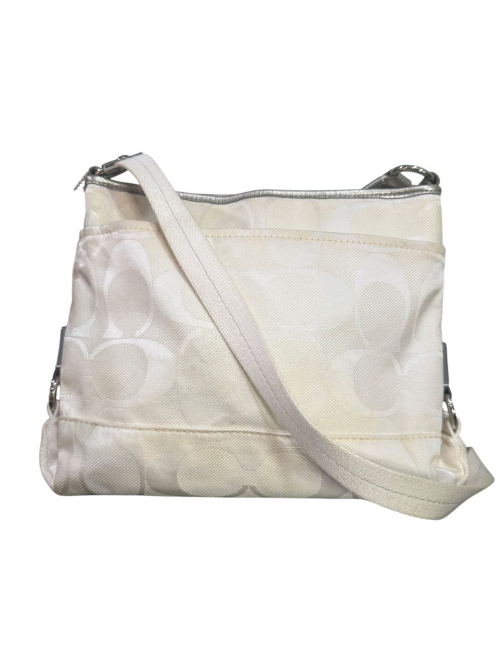 Coach Signature Ivory Jacquard Crossbody Bag Silver Pink Satin Interior 2012 - Picture 10 of 14